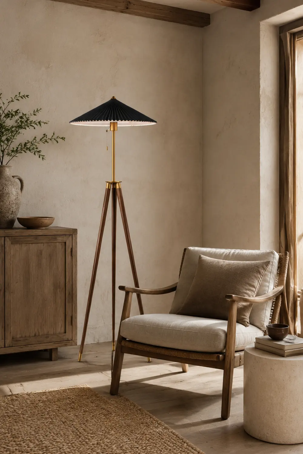 Ozawa Plissierte Stativ-Stehleuchte, Holz & Stoff, 150CM Lang - Lumpaz