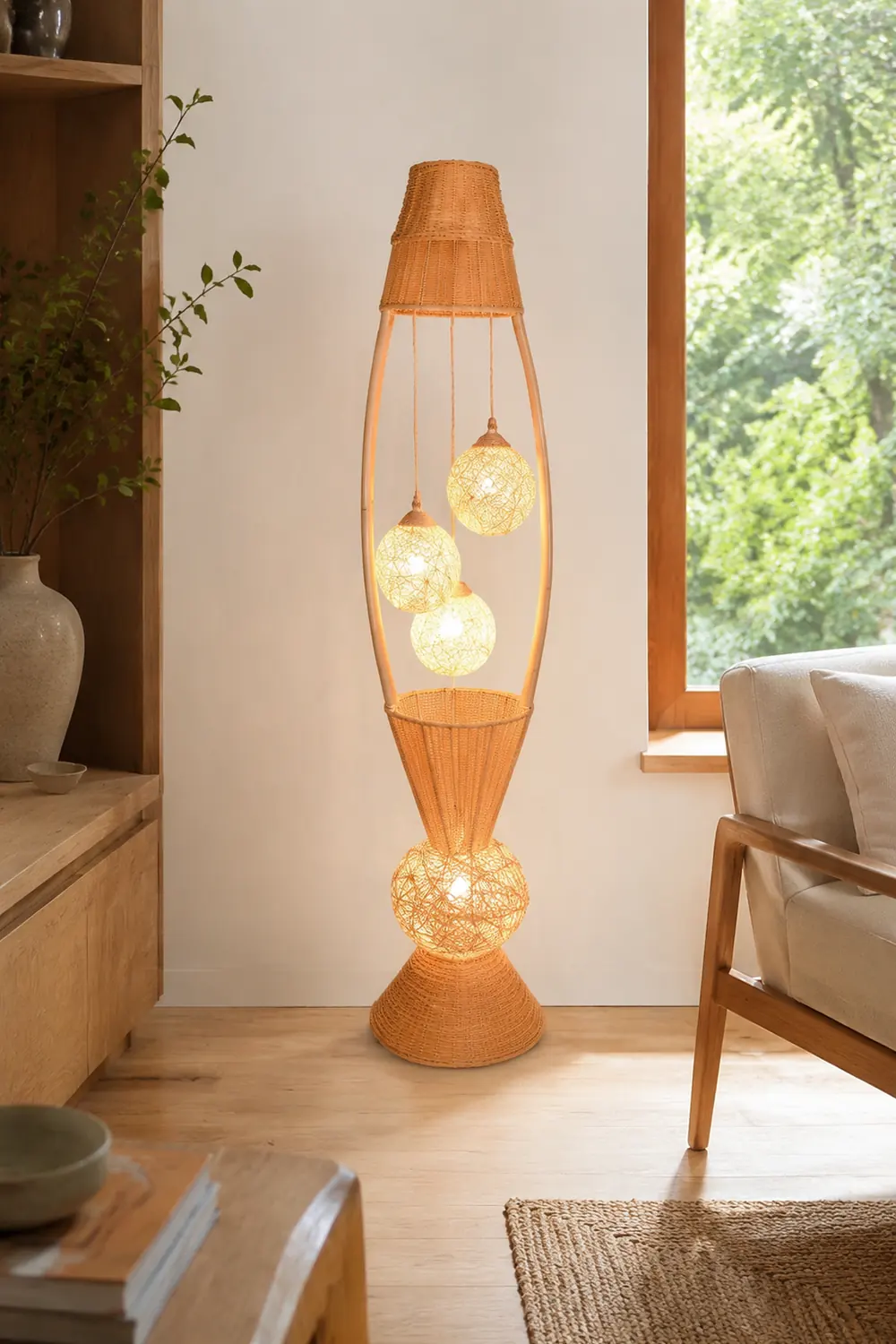 Muto Fisch Korb Stehleuchte, Holz & Bambus, 4-flammig, 140CM Lang - Lumpaz