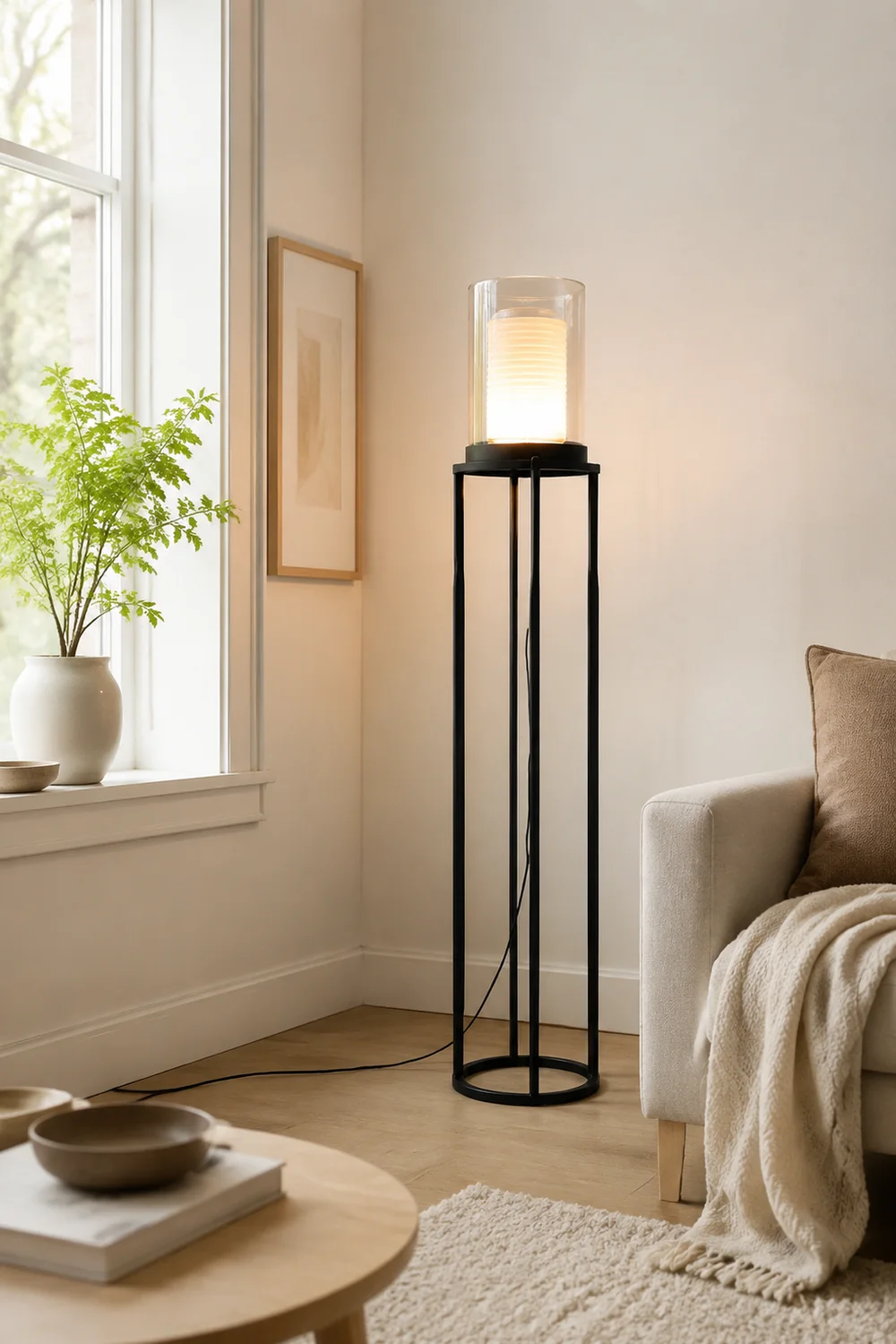 Eryn Schwarzer Zylinder Stehlampe, Metall & Glas, 160CM Lang - Lumpaz