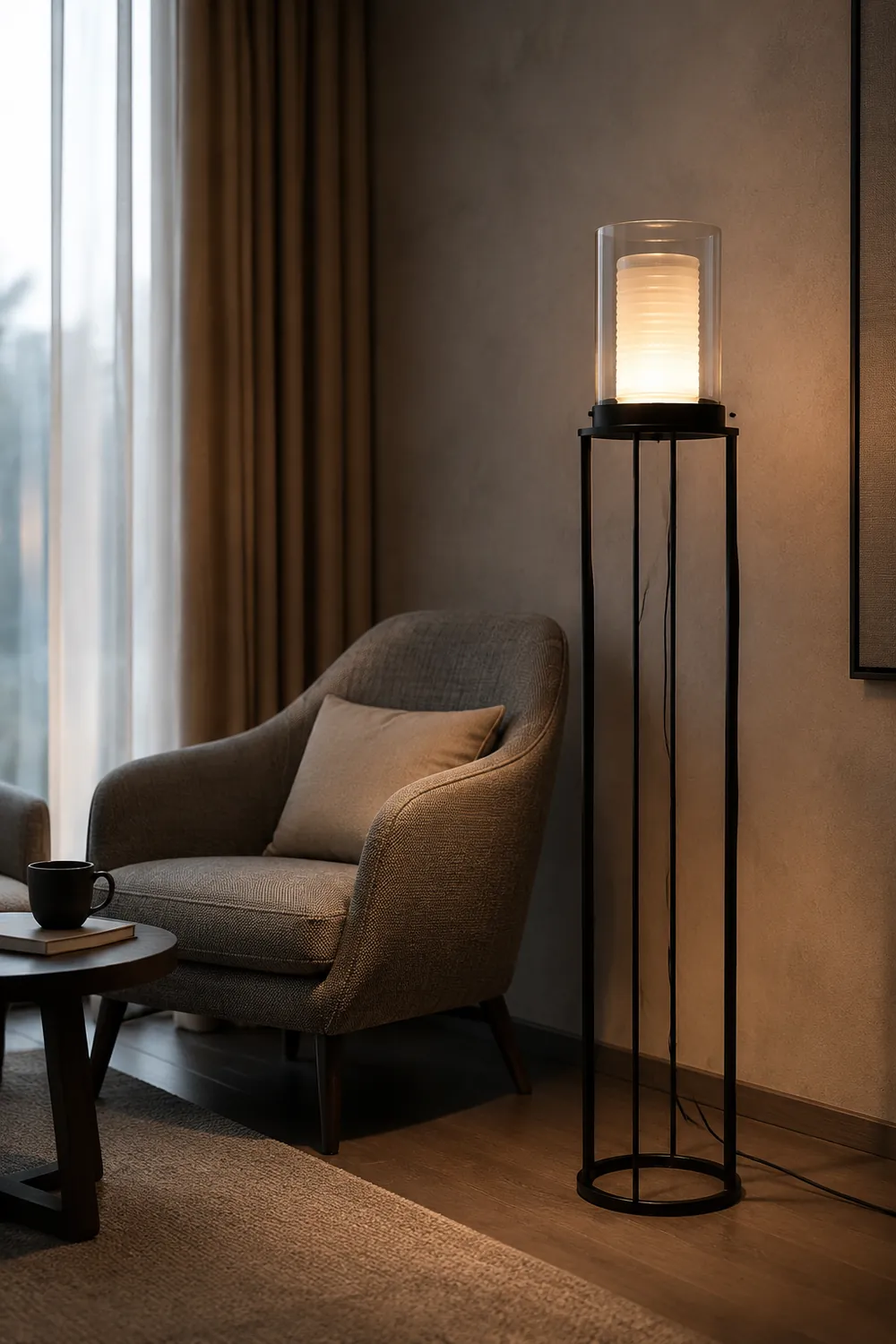 Eryn Schwarzer Zylinder Stehlampe, Metall & Glas, 160CM Lang - Lumpaz