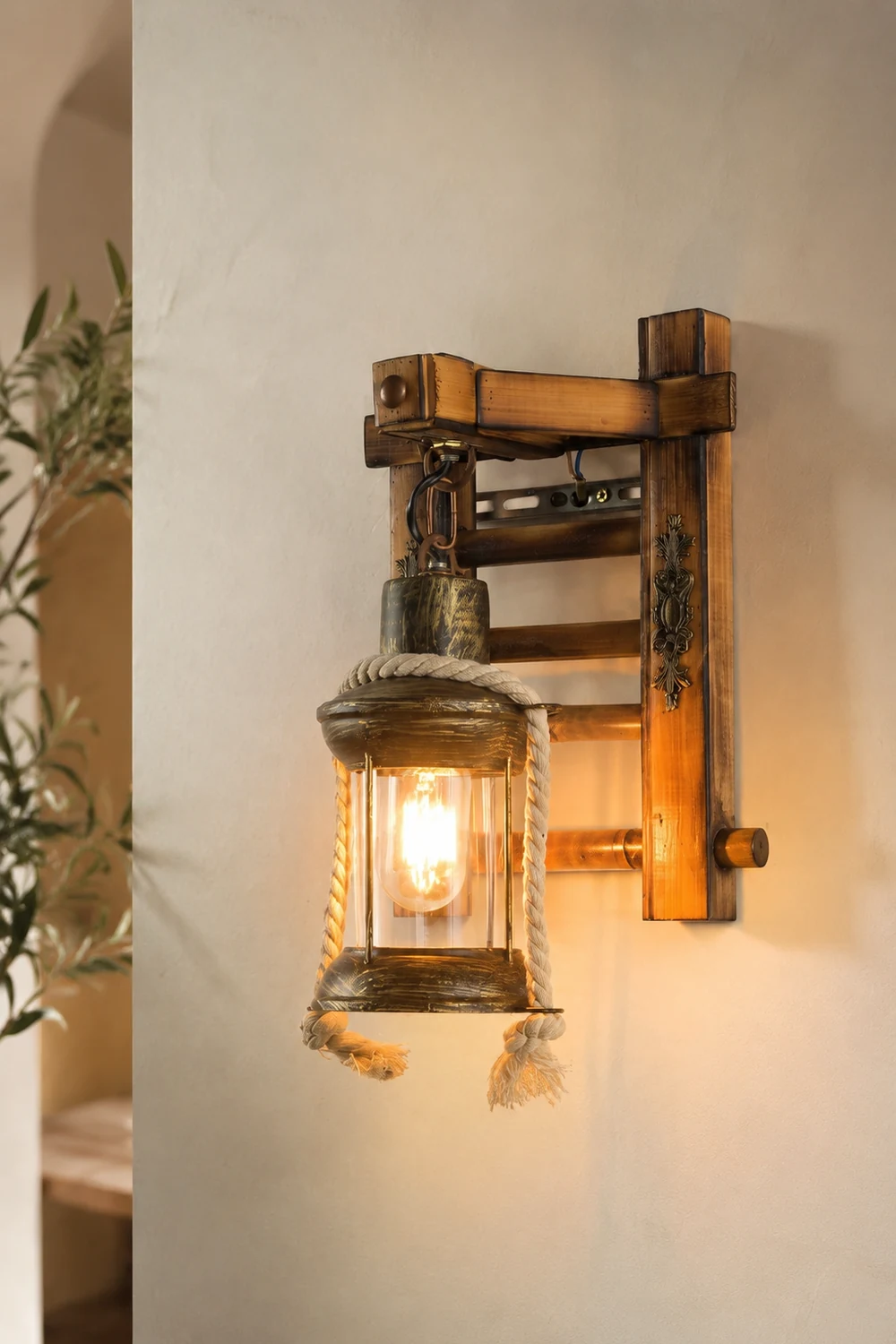Austin Laterne Wandleuchte, Metall & Hanf Seil - Lumpaz