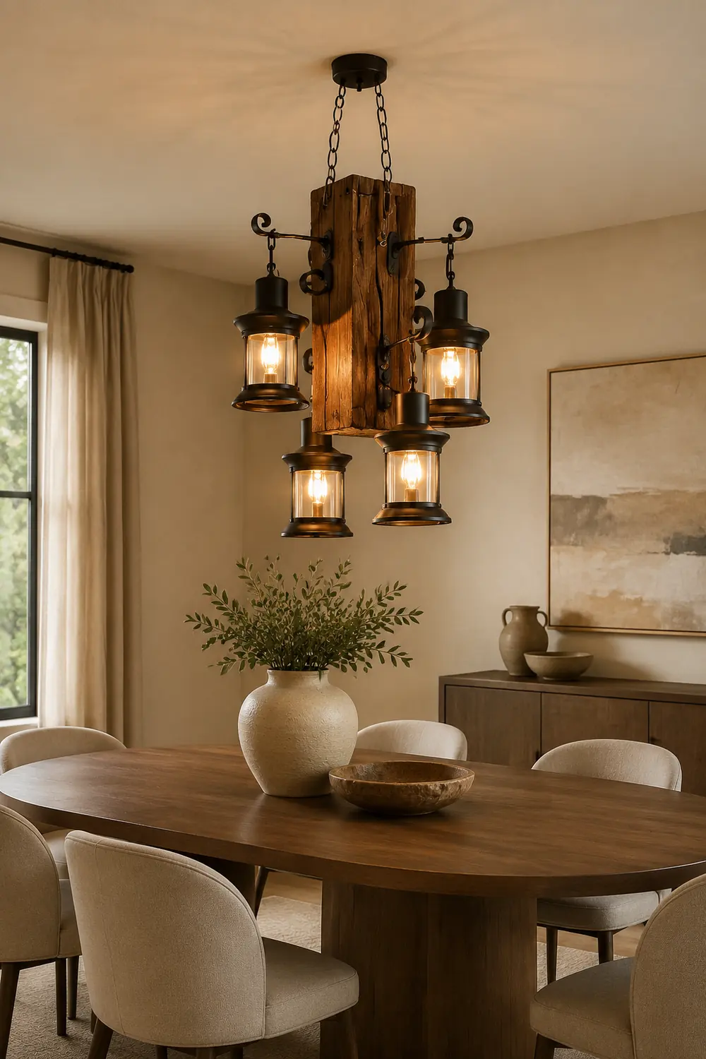 Austin Rechteckige Pendelleuchte, Metall & Holz, 4-flammig - Lumpaz