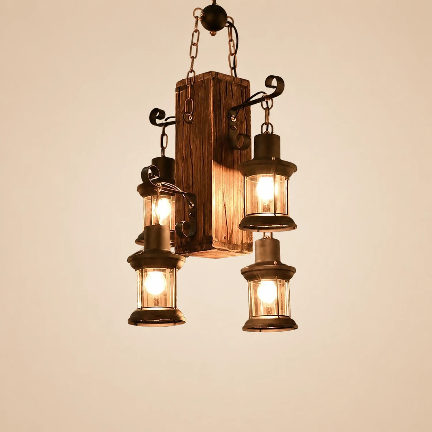 Austin Rechteckige Pendelleuchte, Metall & Holz, 4-flammig - Lumpaz