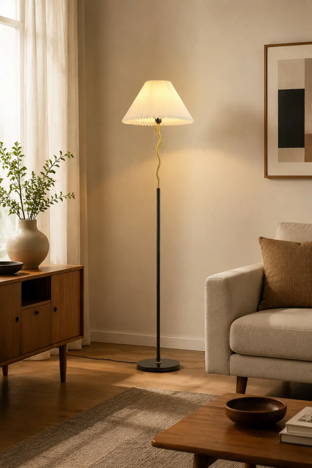 Ozawa Geometrische Plissierte Stehleuchte, Metall & Stoff, 160CM Lang - Lumpaz