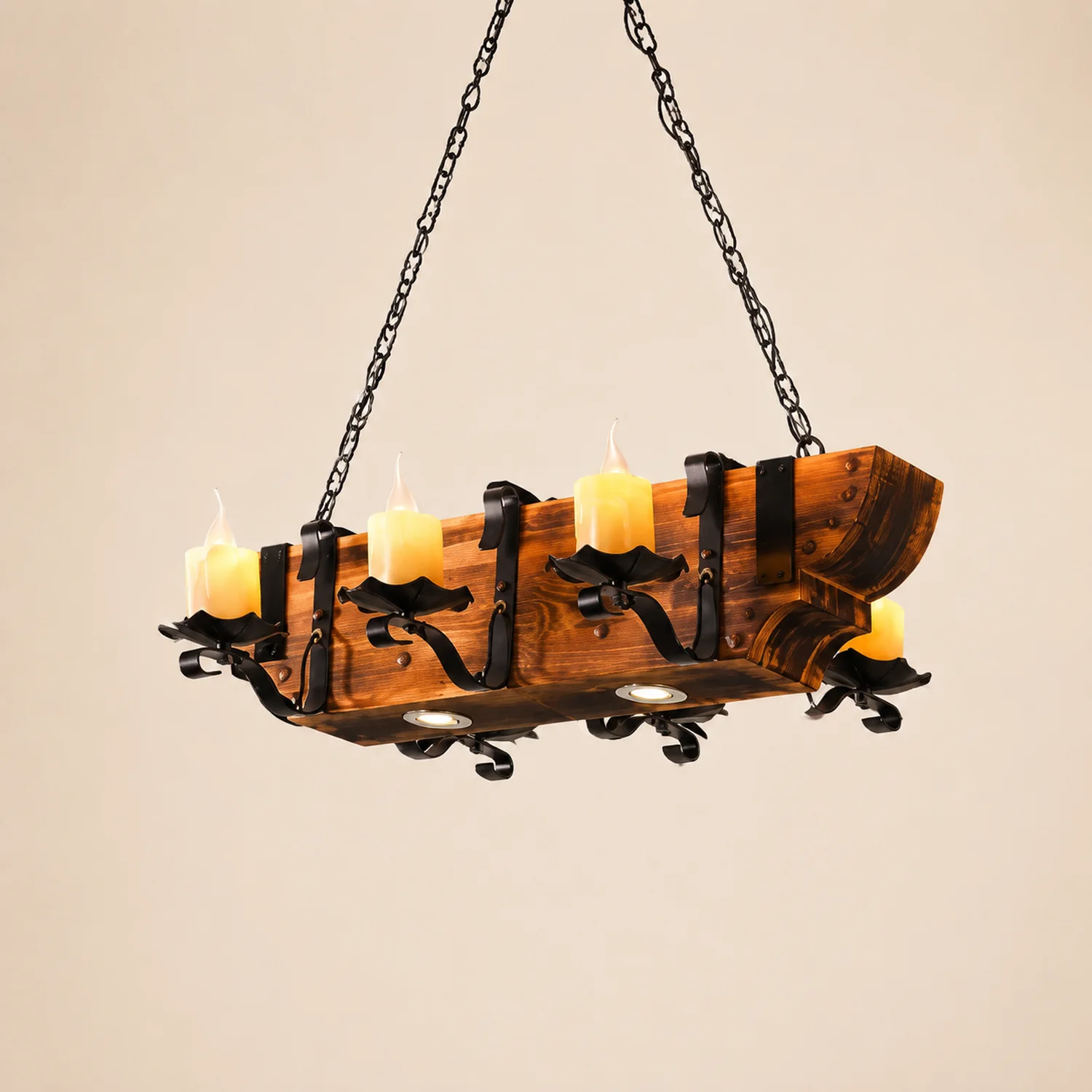 Austin Rechteckige Pendelleuchte, Metall & Holz, 6-flammig - Lumpaz