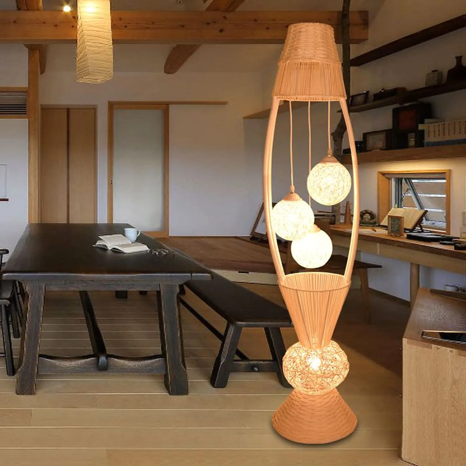 Muto Fisch Korb Stehleuchte, Holz & Bambus, 4-flammig, 140CM Lang - Lumpaz
