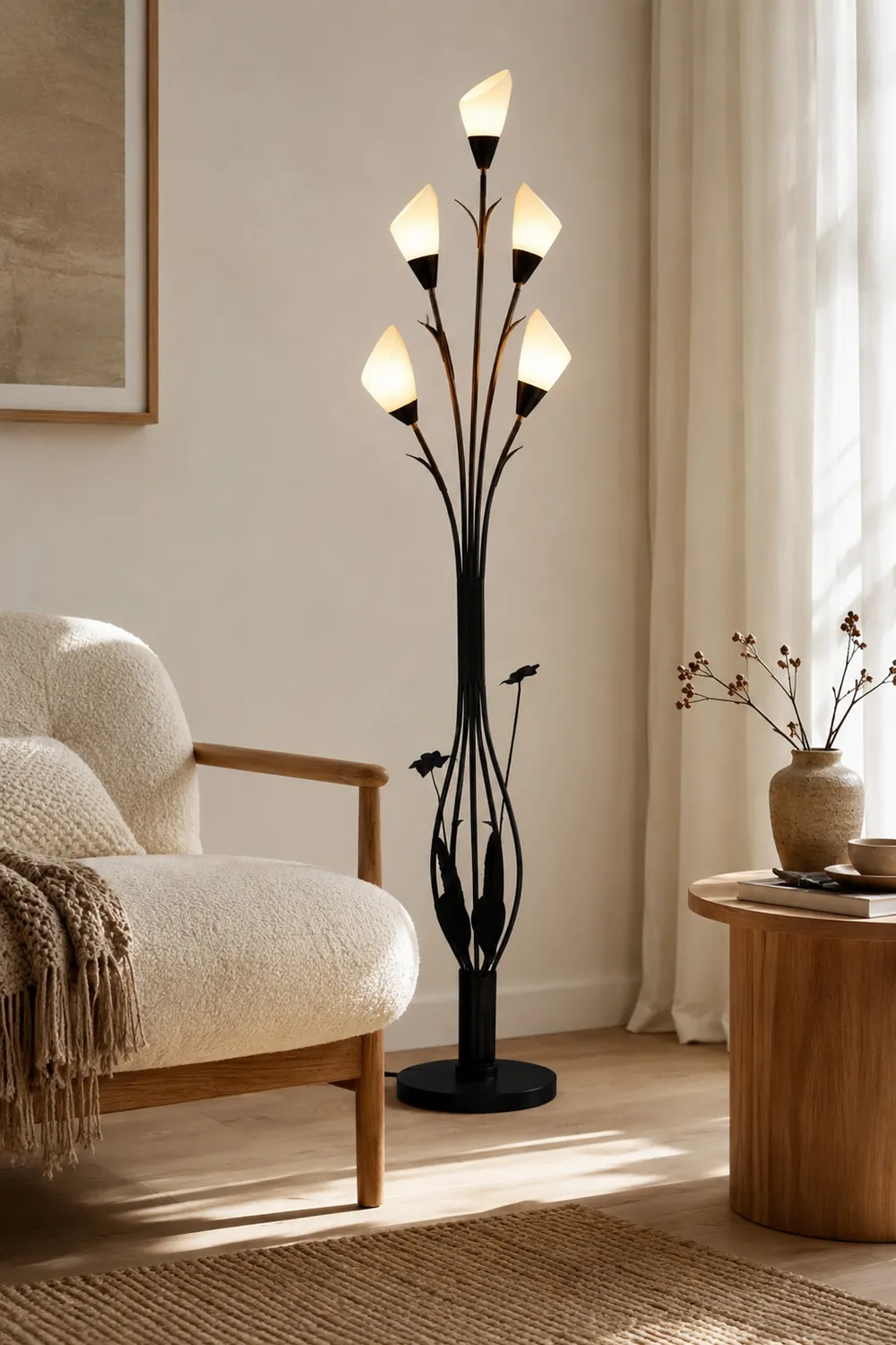 Bella Schwarze Stehleuchte in Form von Blütenzweigen, 6-flammig, 168CM Lang - Lumpaz