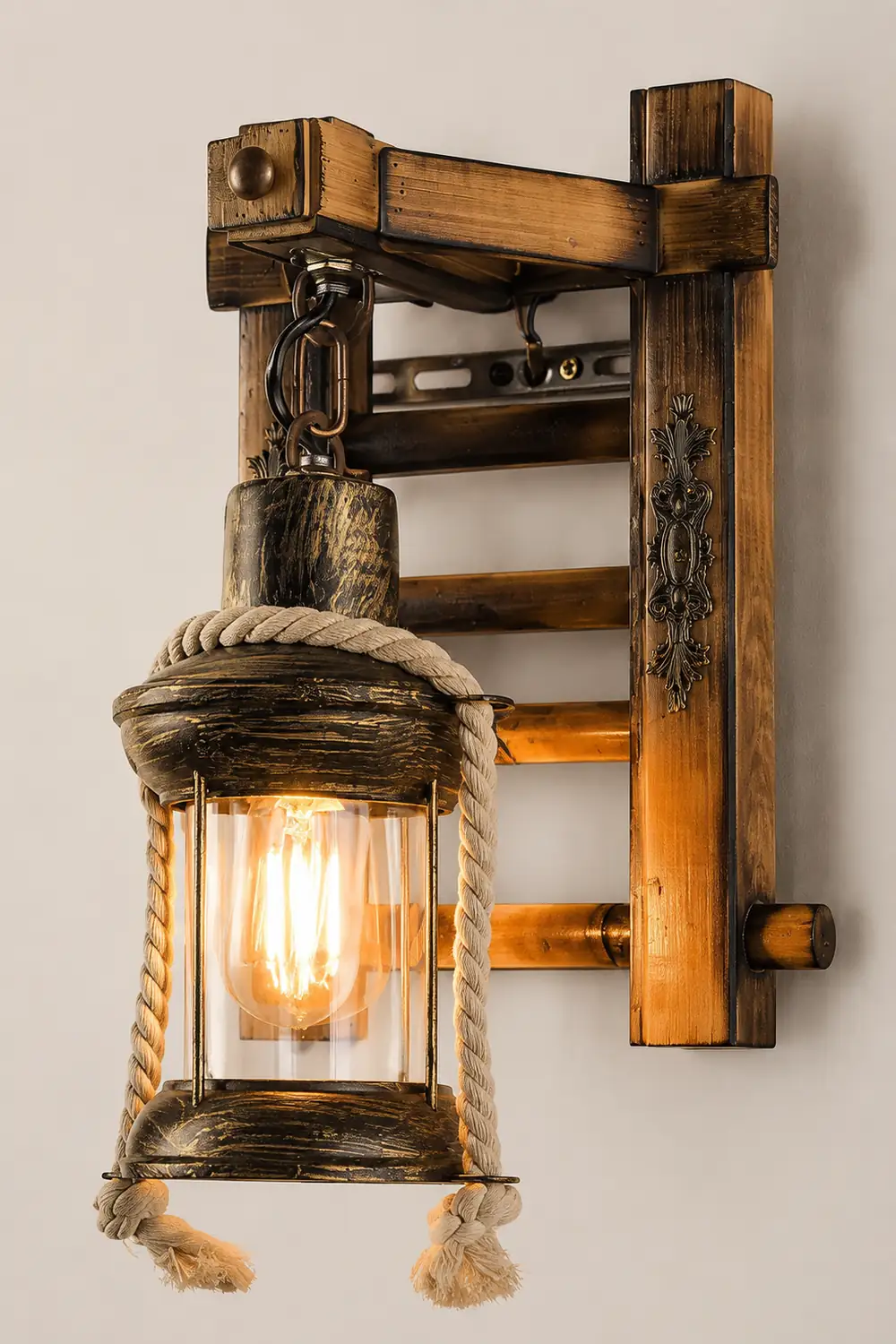 Austin Laterne Wandleuchte, Metall & Hanf Seil - Lumpaz