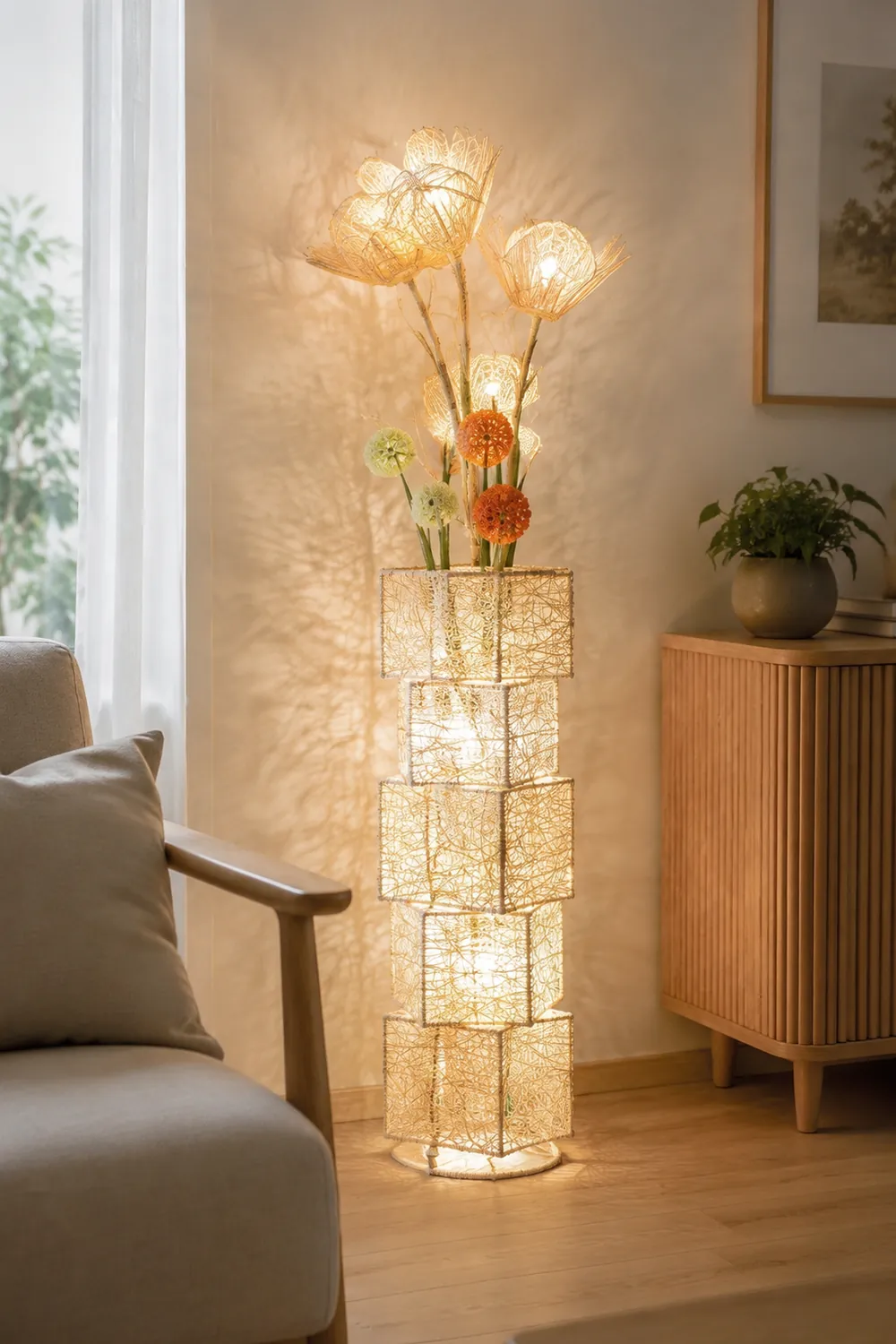 Ritta Blüten Verzweigung Stehleuchte, Rattan, 3 Stile - Lumpaz