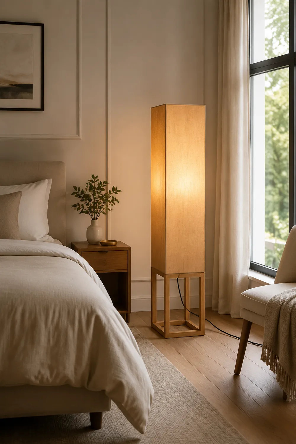 Ozawa Rechteckige Stehlampe, Holz & Textil, 119CM Lang - Lumpaz