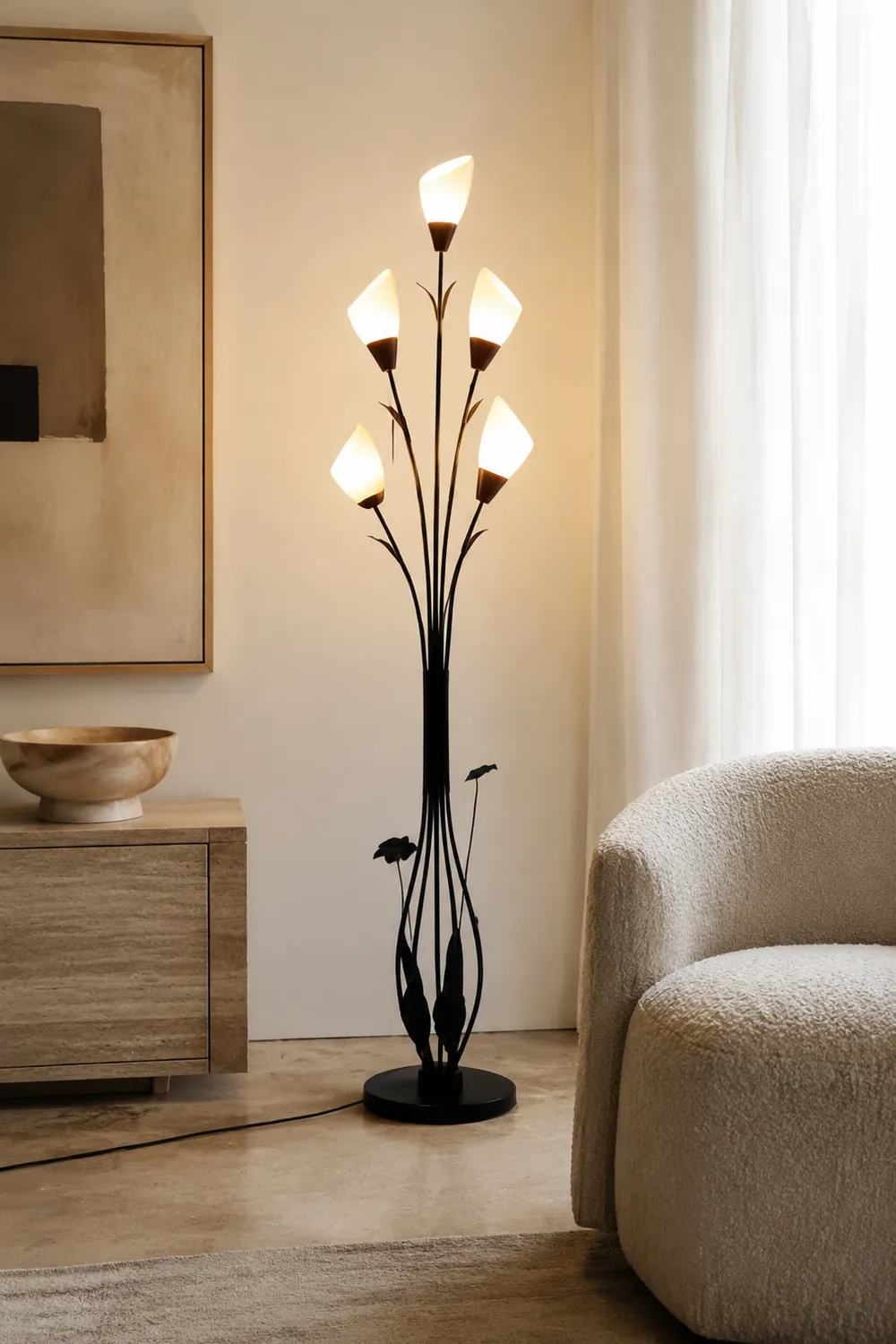 Bella Schwarze Stehleuchte in Form von Blütenzweigen, 6-flammig, 168CM Lang - Lumpaz
