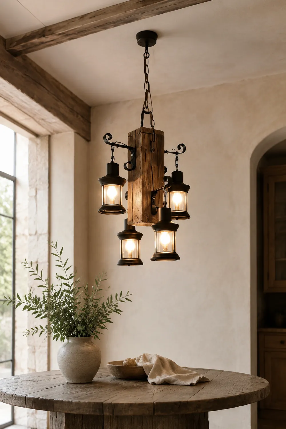 Austin Rechteckige Pendelleuchte, Metall & Holz, 4-flammig - Lumpaz