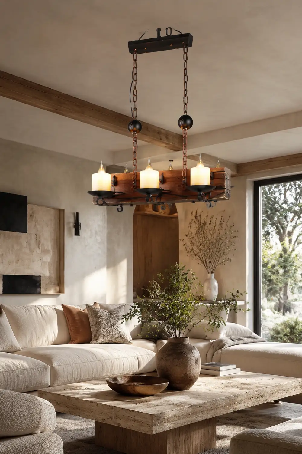 Austin Rechteckige Pendelleuchte, Metall & Holz, 6-flammig - Lumpaz