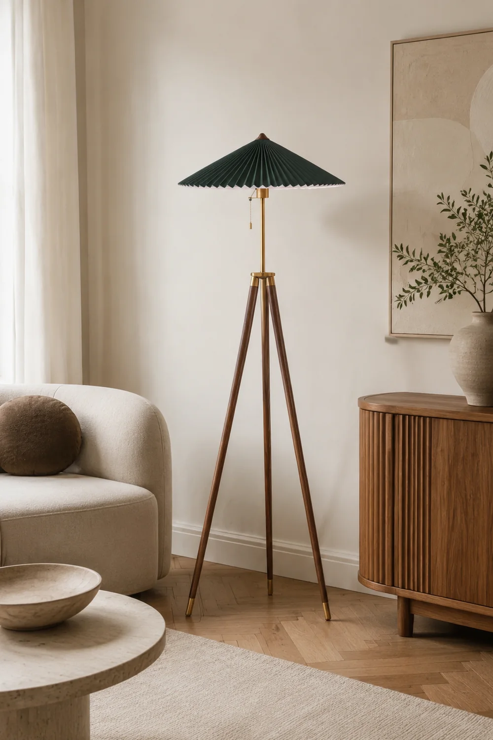 Ozawa Plissierte Stativ-Stehleuchte, Holz & Stoff, 150CM Lang - Lumpaz