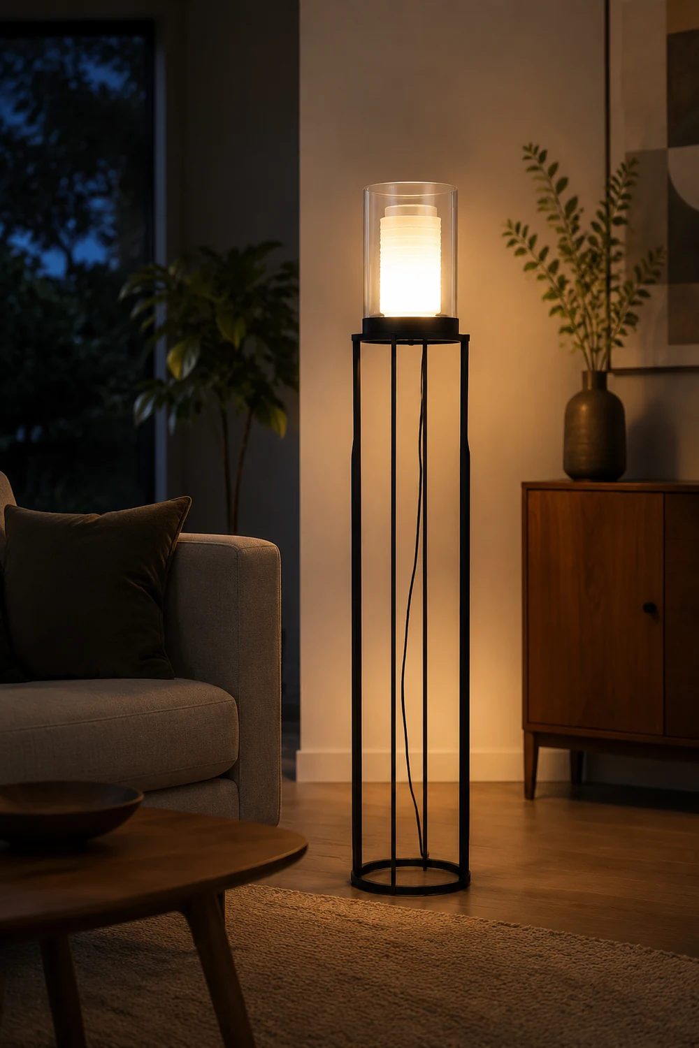 Eryn Schwarzer Zylinder Stehlampe, Metall & Glas, 160CM Lang - Lumpaz