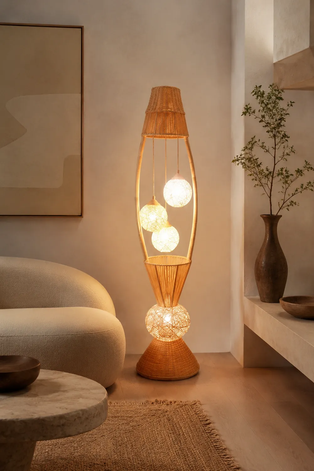 Muto Fisch Korb Stehleuchte, Holz & Bambus, 4-flammig, 140CM Lang - Lumpaz
