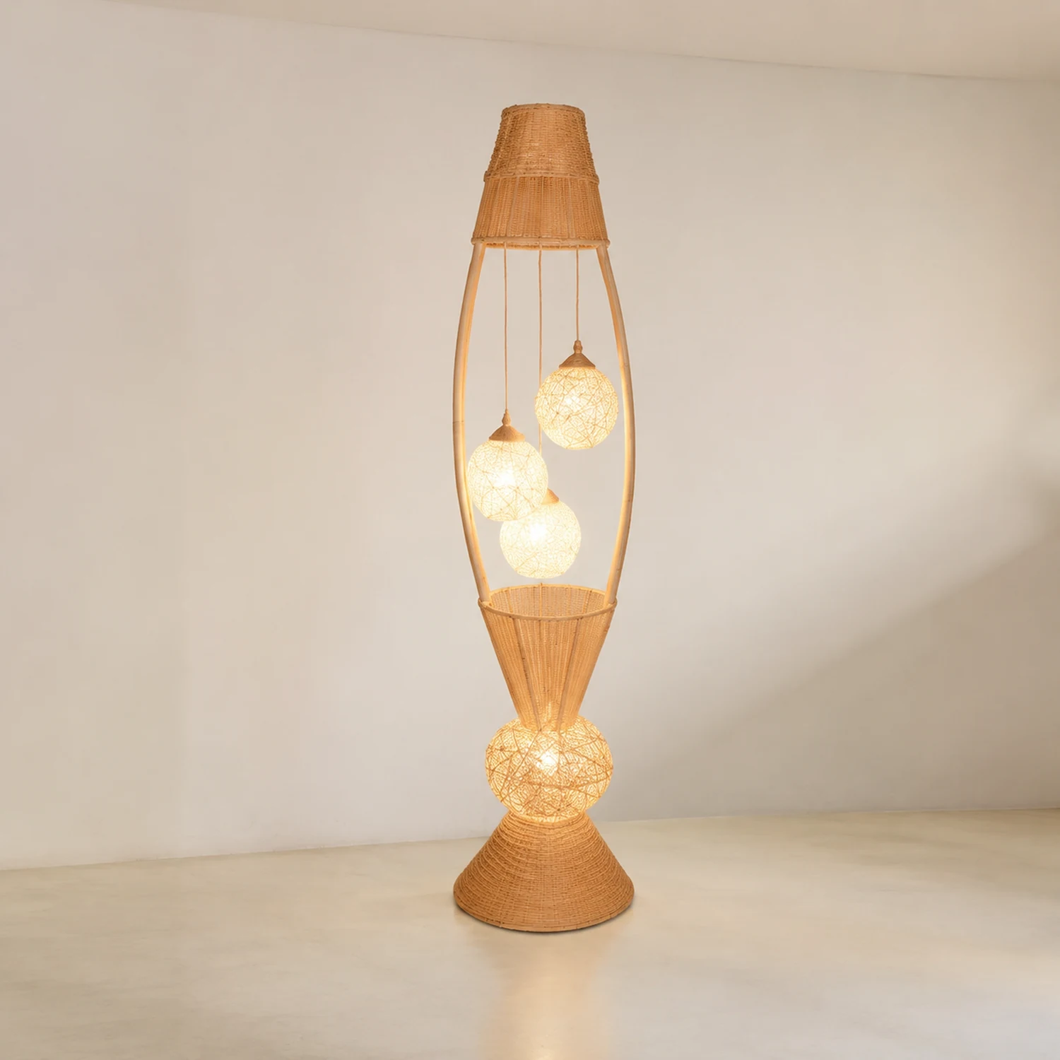 Muto Fisch Korb Stehleuchte, Holz & Bambus, 4-flammig, 140CM Lang - Lumpaz