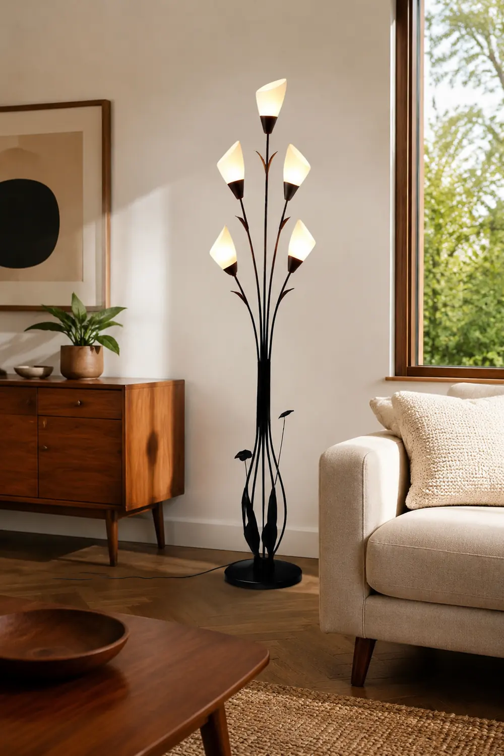 Bella Schwarze Stehleuchte in Form von Blütenzweigen, 6-flammig, 168CM Lang - Lumpaz