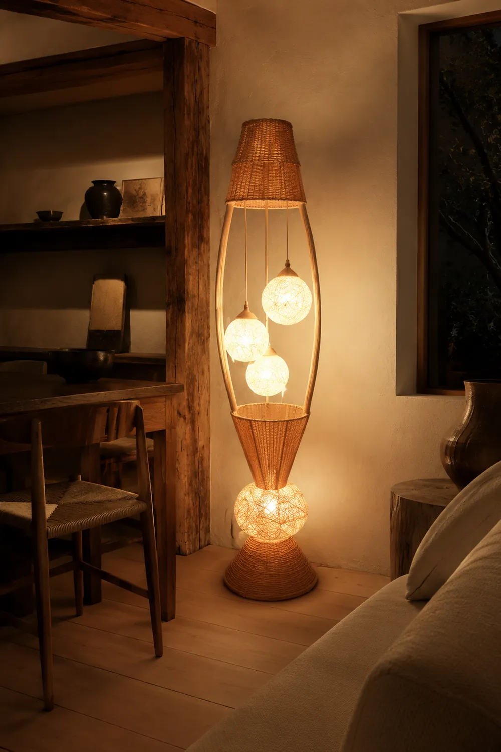 Muto Fisch Korb Stehleuchte, Holz & Bambus, 4-flammig, 140CM Lang - Lumpaz