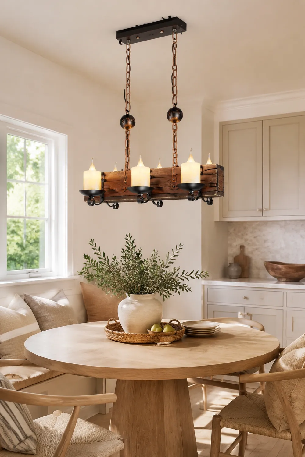 Austin Rechteckige Pendelleuchte, Metall & Holz, 6-flammig - Lumpaz