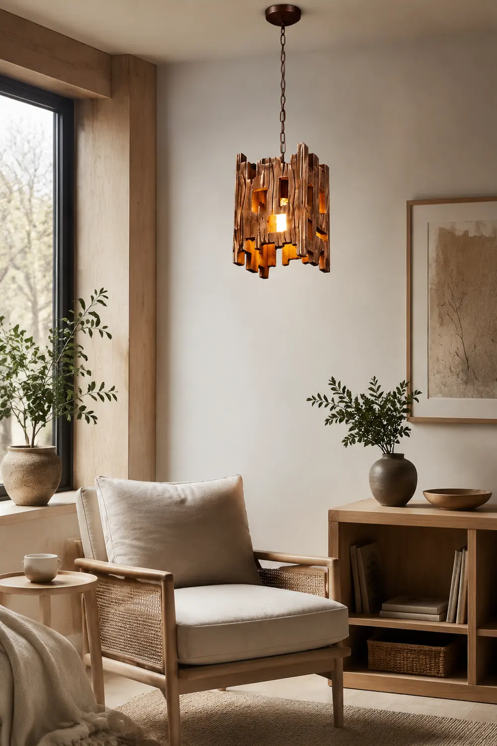 Austin Rechteckige Pendelleuchte, Metall & Holz, 22x22x100cm - Lumpaz