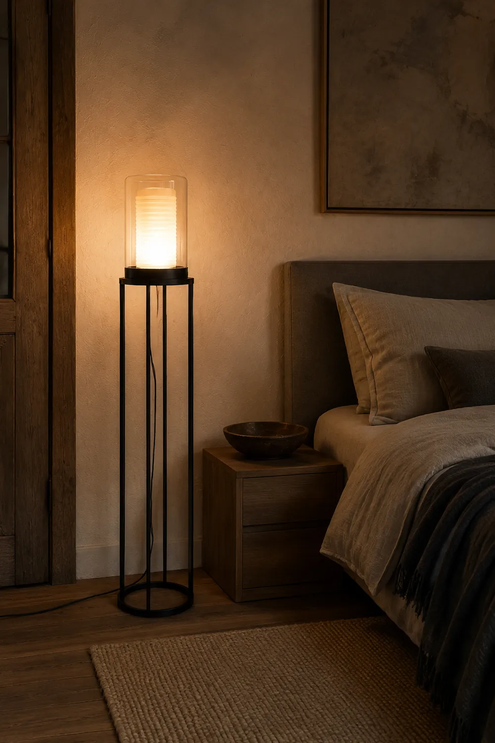 Eryn Schwarzer Zylinder Stehlampe, Metall & Glas, 160CM Lang - Lumpaz