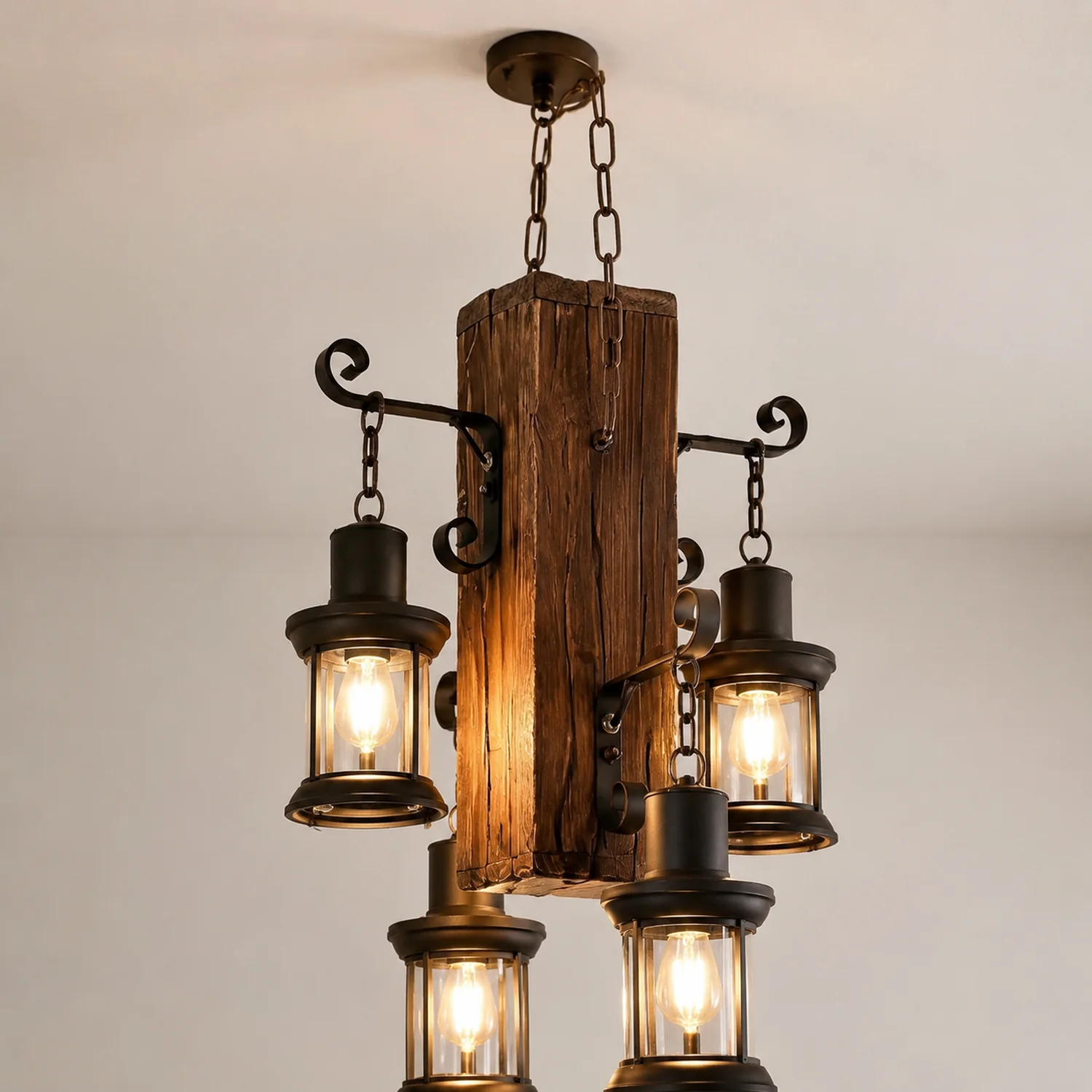 Austin Rechteckige Pendelleuchte, Metall & Holz, 4-flammig - Lumpaz