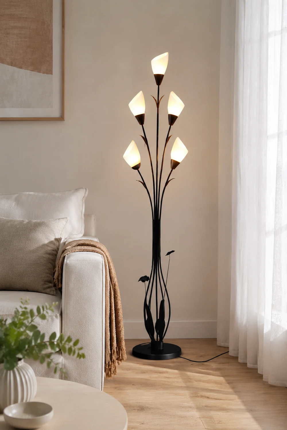 Bella Schwarze Stehleuchte in Form von Blütenzweigen, 6-flammig, 168CM Lang - Lumpaz