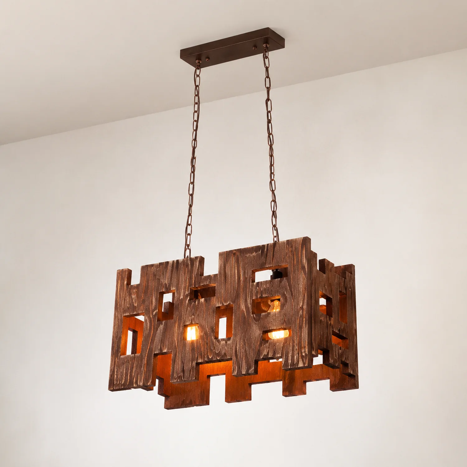 Austin Rechteckige Pendelleuchte, Metall & Holz, 50x100cm - Lumpaz