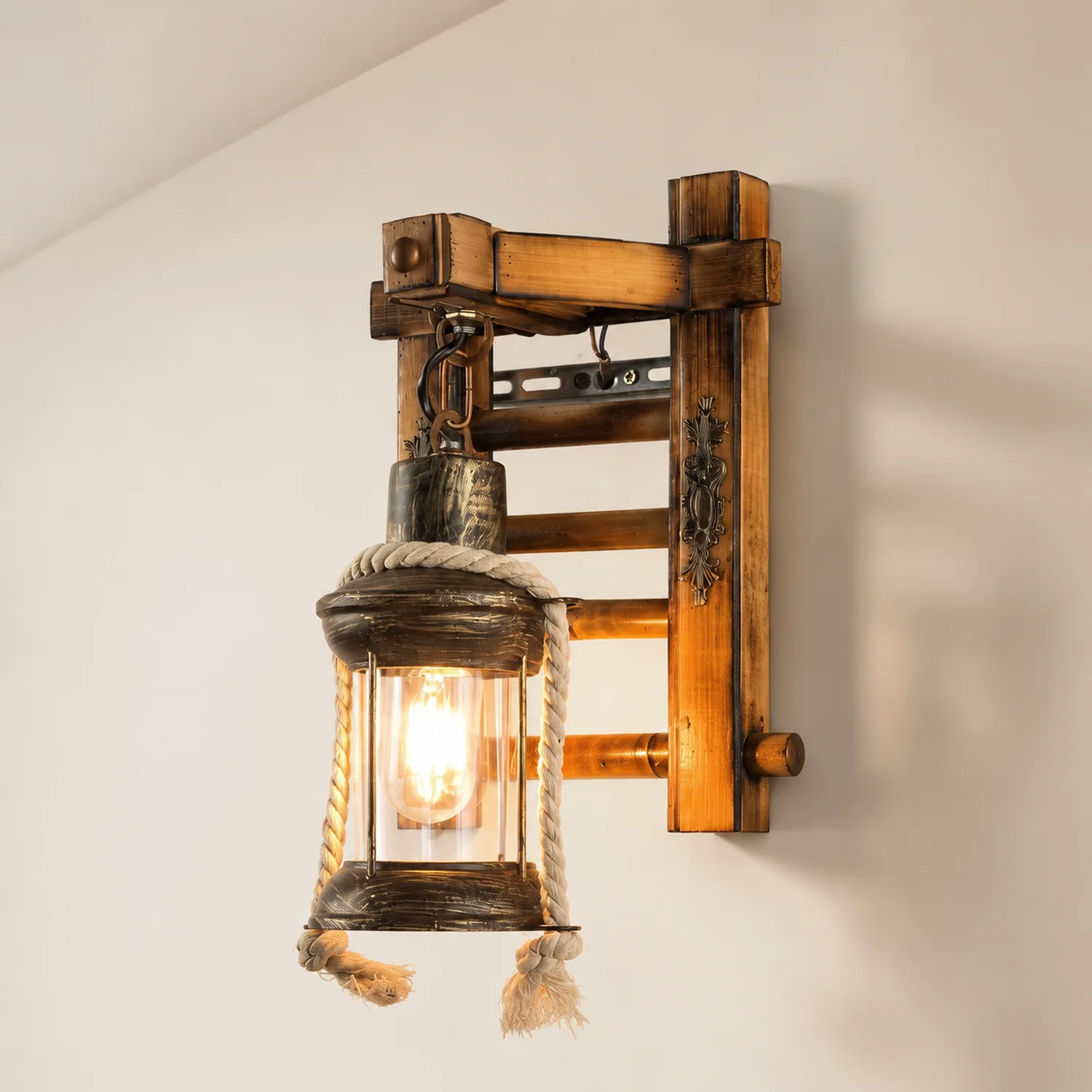 Austin Laterne Wandleuchte, Metall & Hanf Seil - Lumpaz