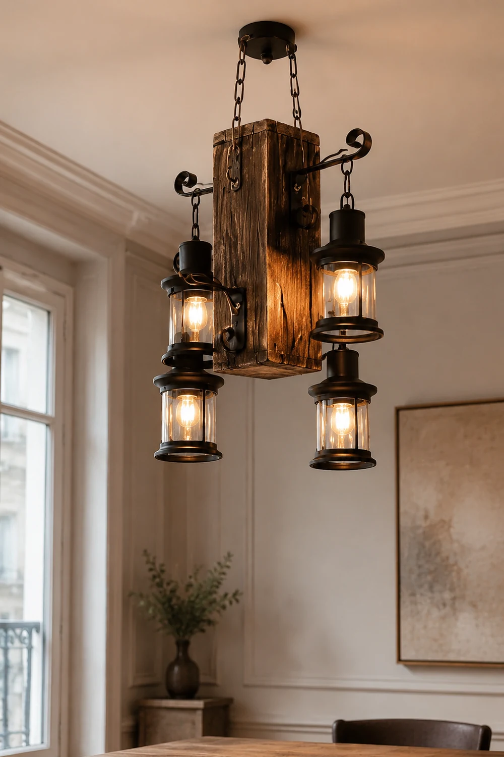 Austin Rechteckige Pendelleuchte, Metall & Holz, 4-flammig - Lumpaz