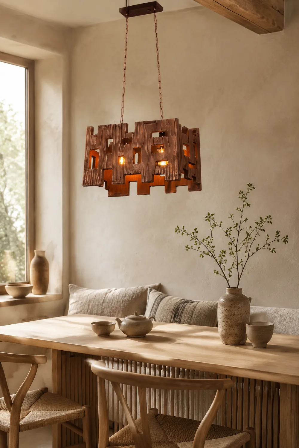 Austin Rechteckige Pendelleuchte, Metall & Holz, 50x100cm - Lumpaz