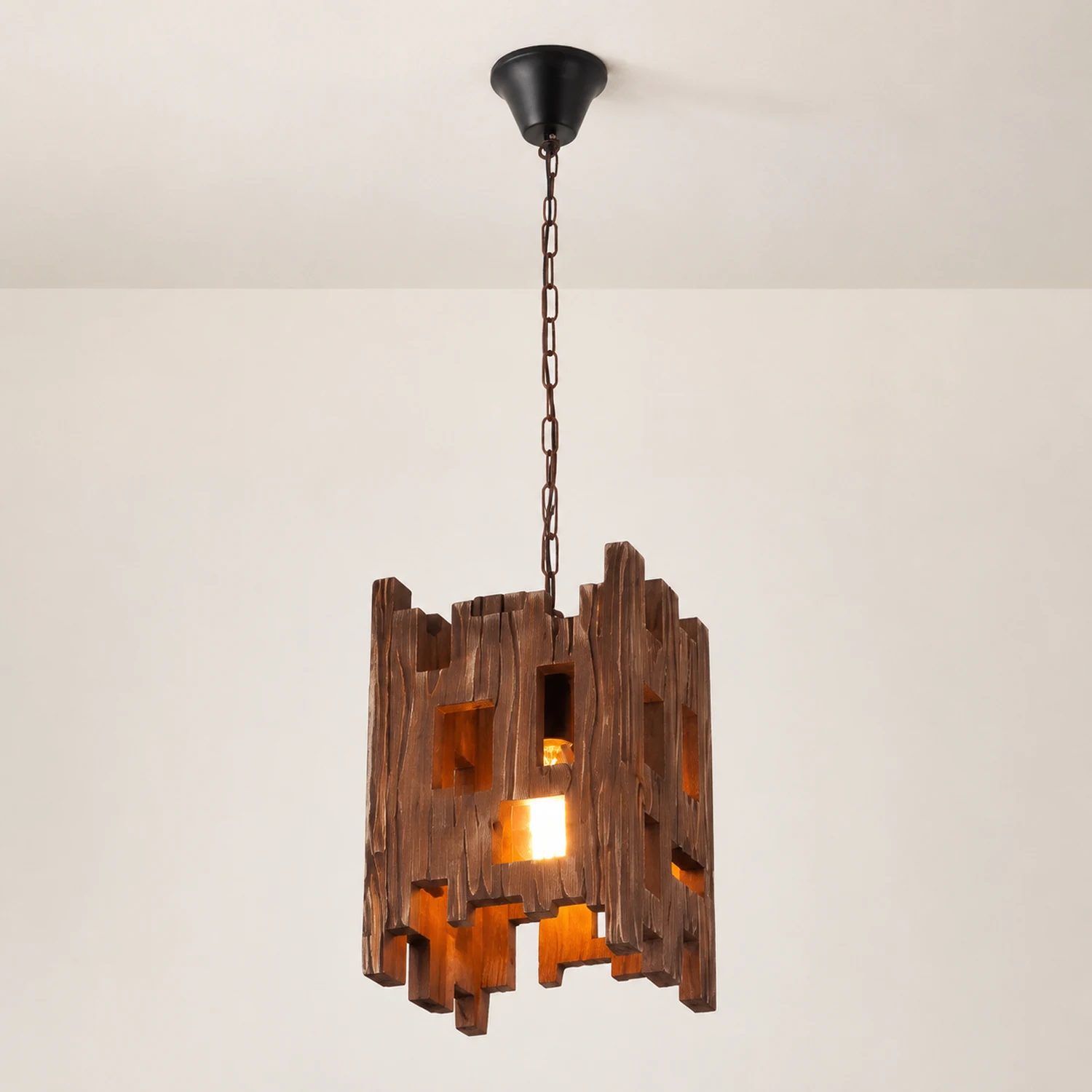 Austin Rechteckige Pendelleuchte, Metall & Holz, 22x22x100cm - Lumpaz