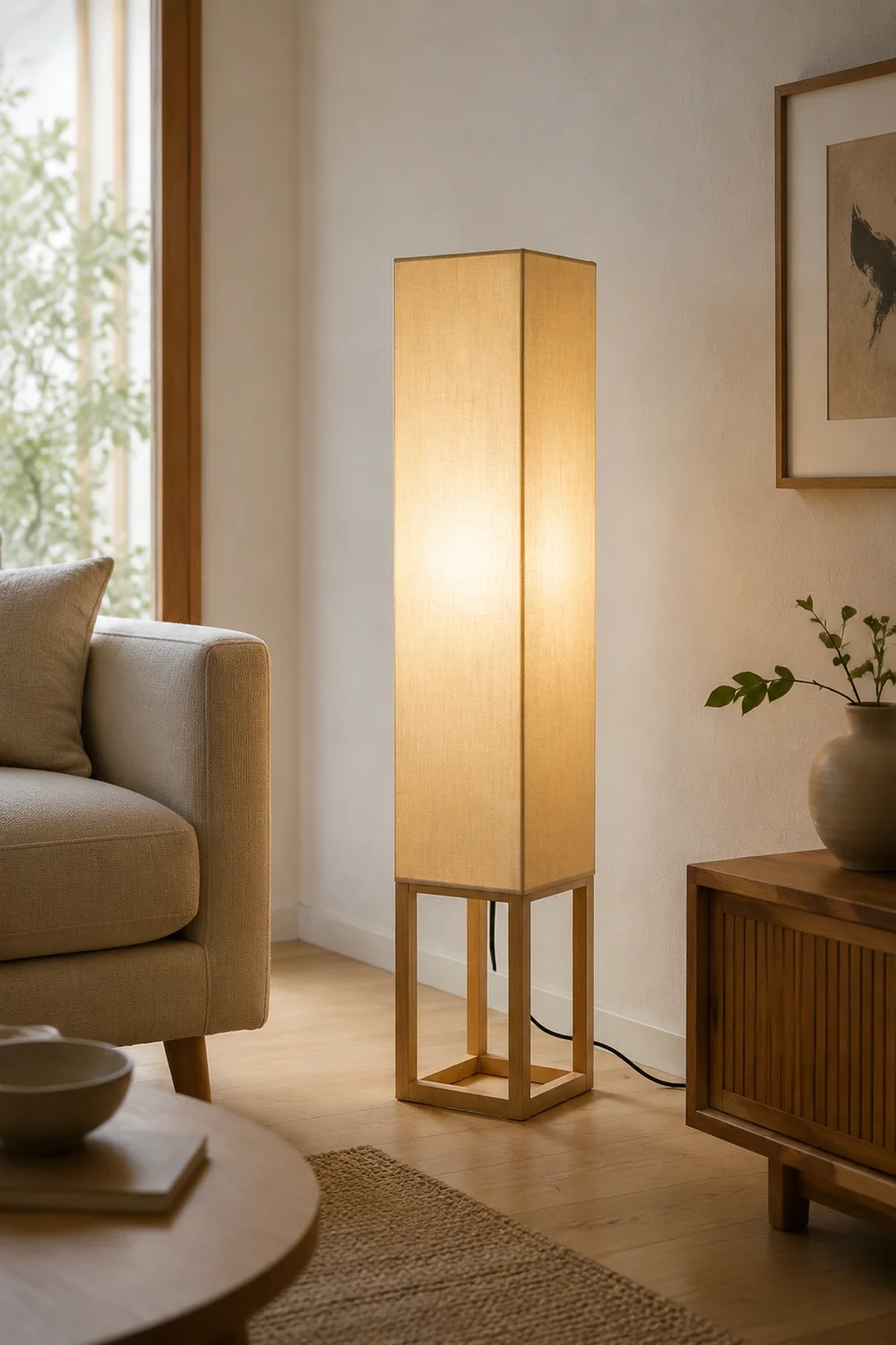 Ozawa Rechteckige Stehlampe, Holz & Textil, 119CM Lang - Lumpaz