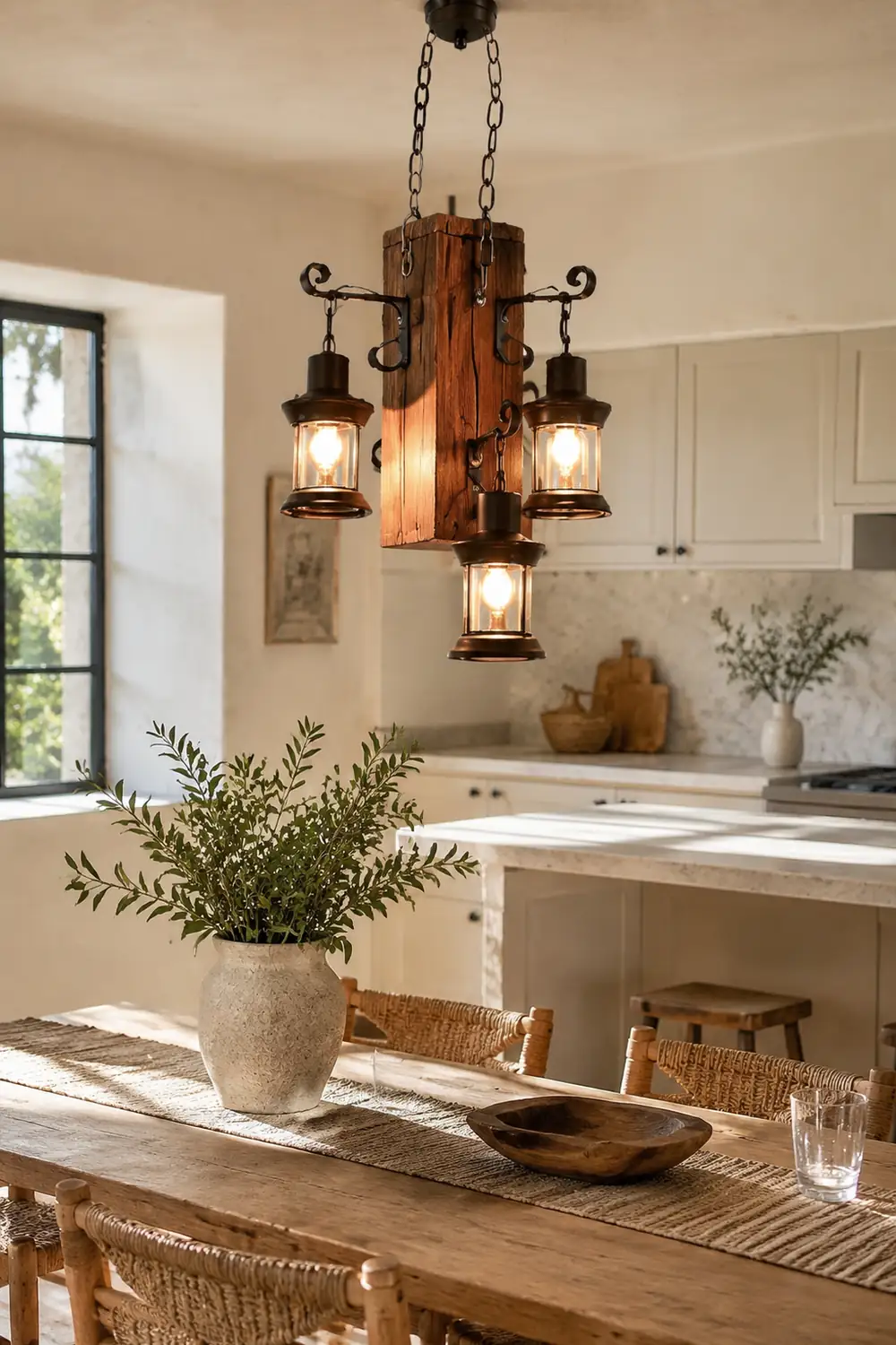 Austin Rechteckige Pendelleuchte, Metall & Holz, 4-flammig - Lumpaz