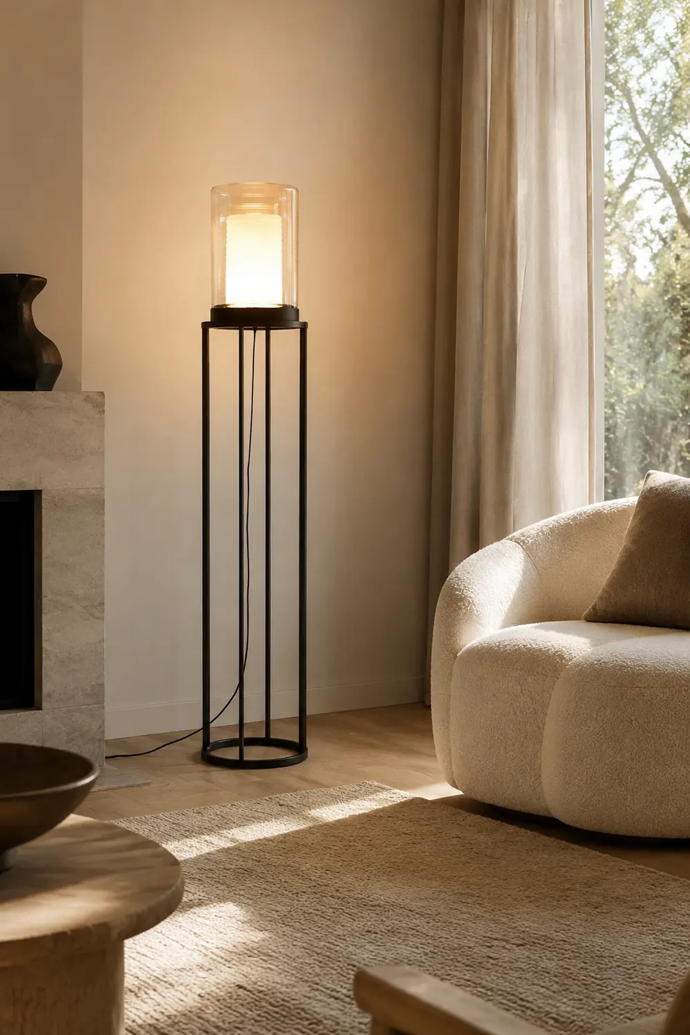 Eryn Schwarzer Zylinder Stehlampe, Metall & Glas, 160CM Lang - Lumpaz
