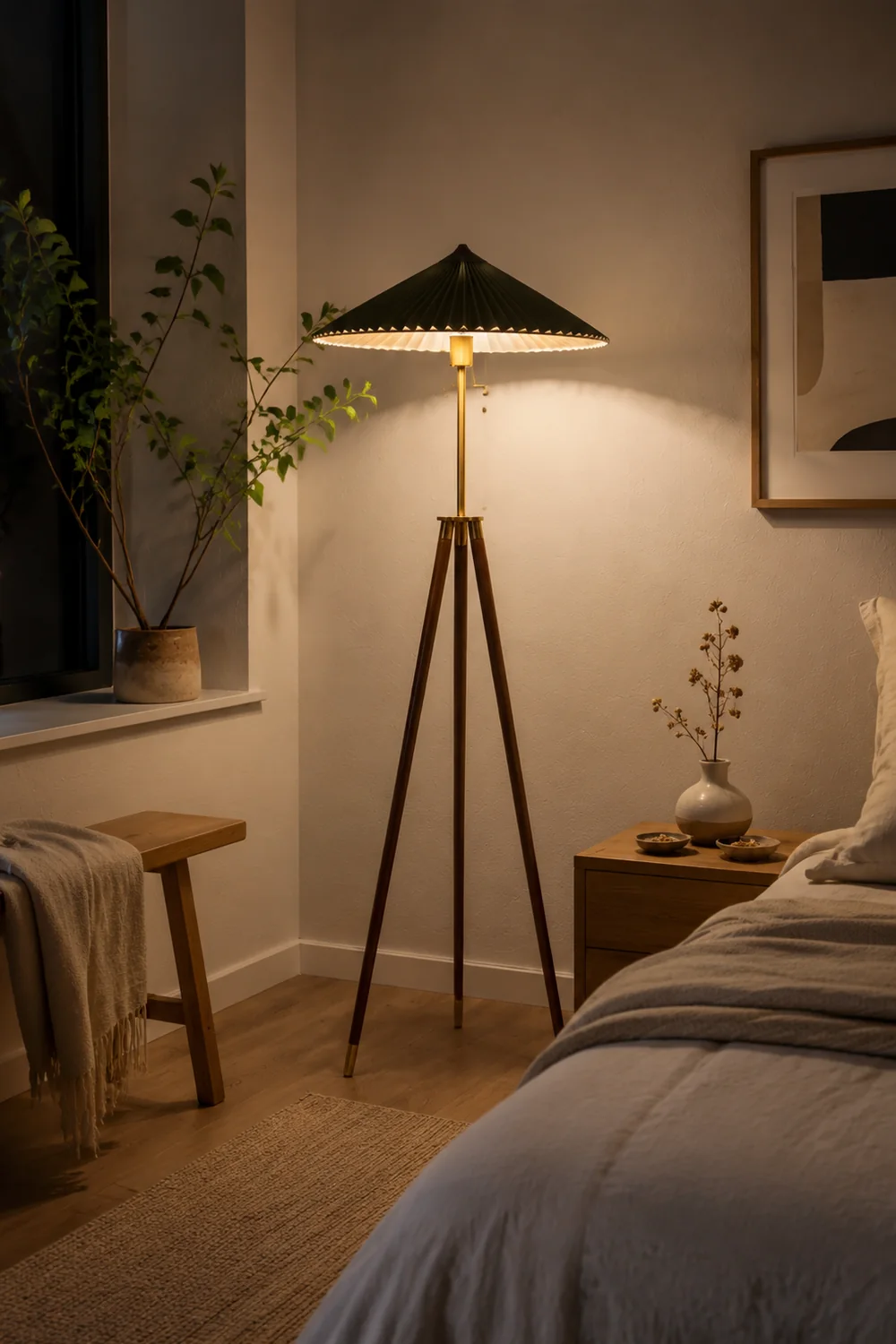Ozawa Plissierte Stativ-Stehleuchte, Holz & Stoff, 150CM Lang - Lumpaz