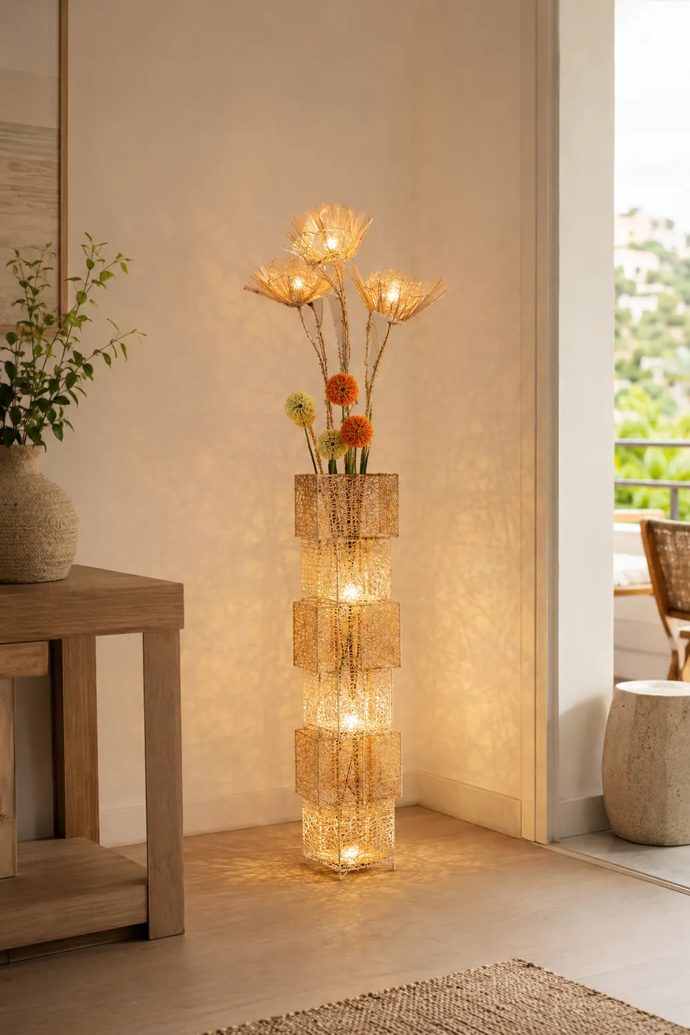 Ritta Blüten Verzweigung Stehleuchte, Rattan, 3 Stile - Lumpaz