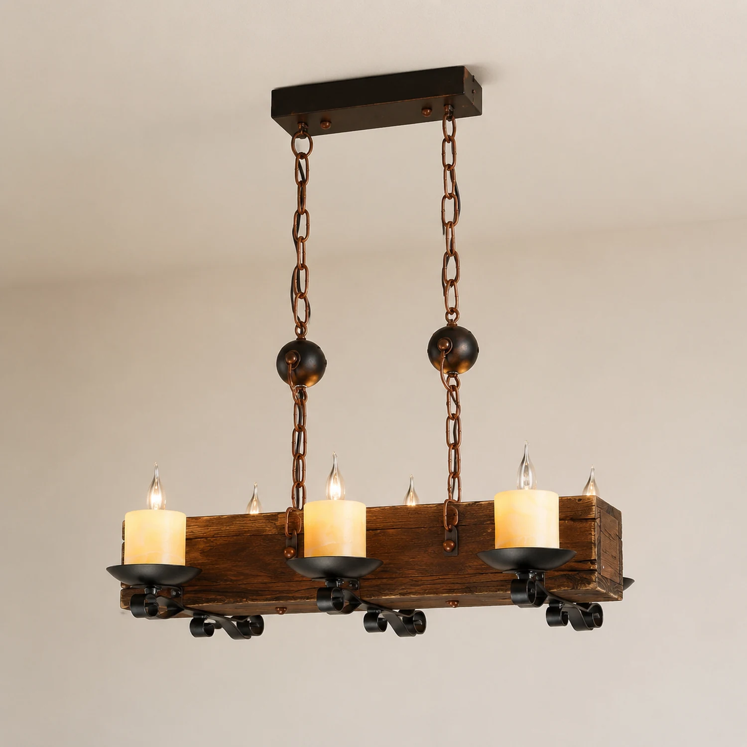 Austin Rechteckige Pendelleuchte, Metall & Holz, 6-flammig - Lumpaz