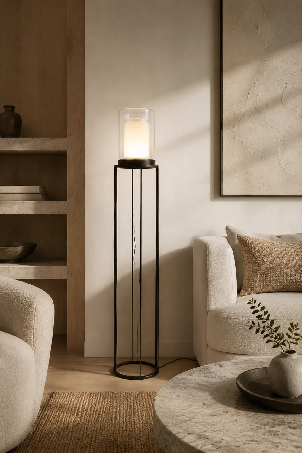 Eryn Schwarzer Zylinder Stehlampe, Metall & Glas, 160CM Lang - Lumpaz