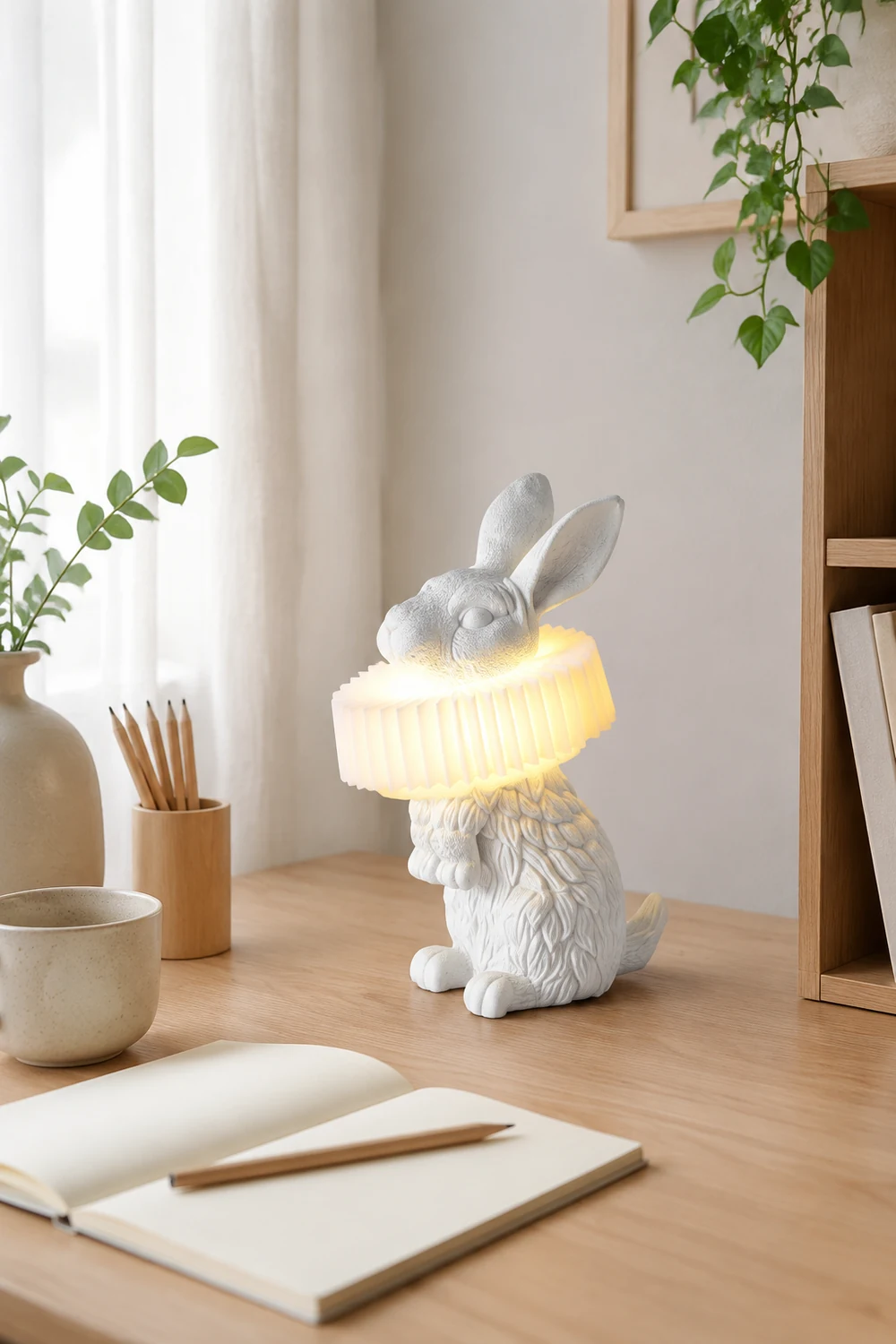 Kaninchen Tischlampe Weißes Kunstharz Nachtlicht für Arbeitszimmer Büro - Lumpaz