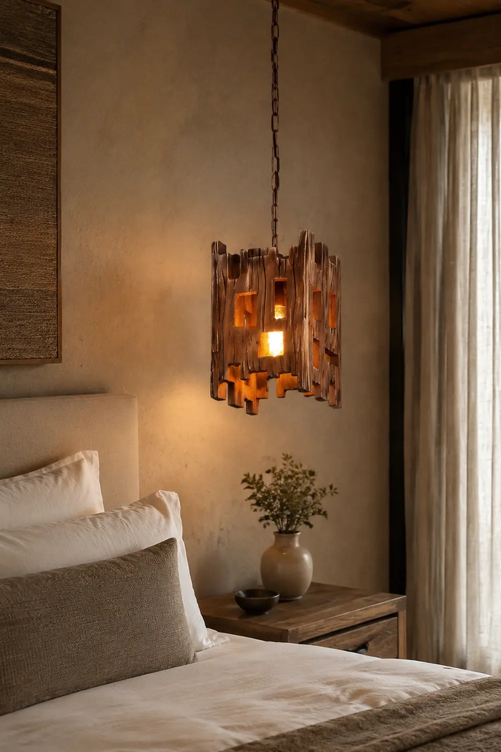 Austin Rechteckige Pendelleuchte, Metall & Holz, 22x22x100cm - Lumpaz