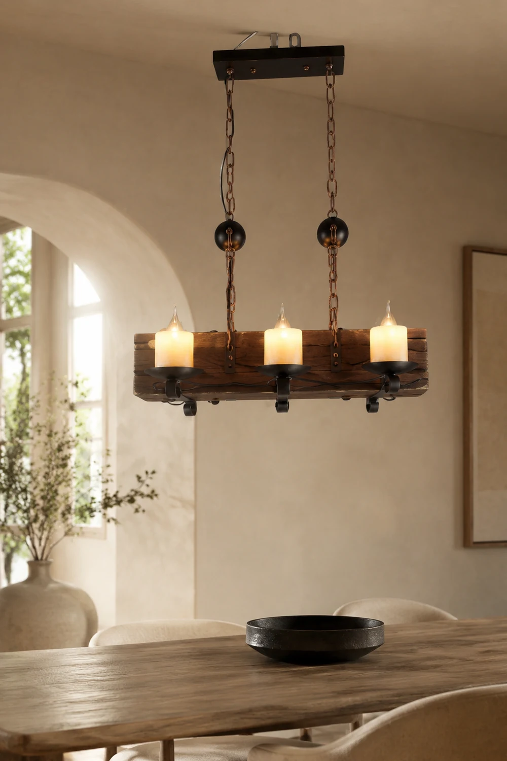 Austin Rechteckige Pendelleuchte, Metall & Holz, 6-flammig - Lumpaz