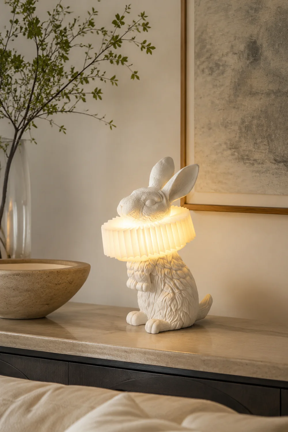 Kaninchen Tischlampe Weißes Kunstharz Nachtlicht für Arbeitszimmer Büro - Lumpaz