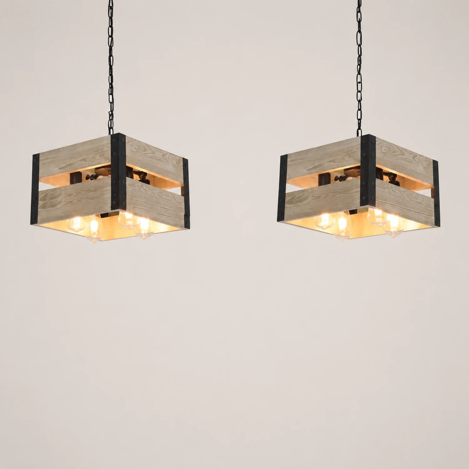 Alessio Quadratische Pendelleuchte, Metall & Holz, 4-flammig, 2 Stile - Lumpaz