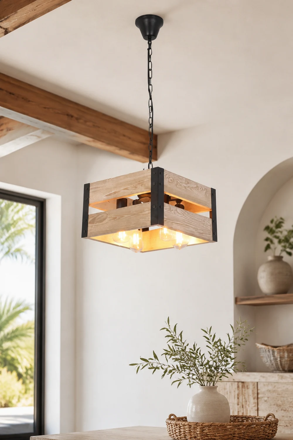 Alessio Quadratische Pendelleuchte, Metall & Holz, 4-flammig, 2 Stile - Lumpaz