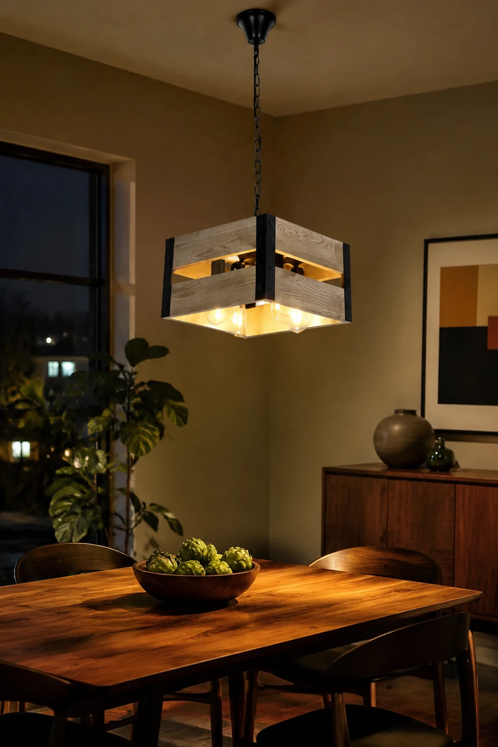 Alessio Quadratische Pendelleuchte, Metall & Holz, 4-flammig, 2 Stile - Lumpaz