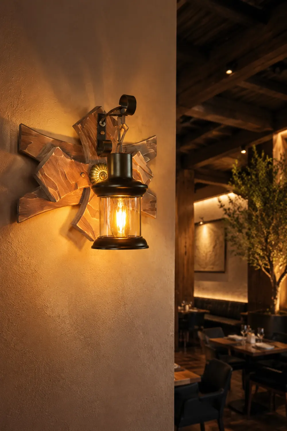 Austin Kerze & Laterne Wandleuchte, Holz & Metall - Lumpaz