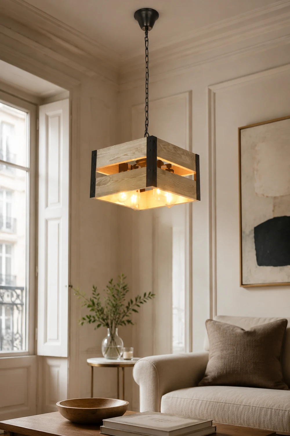 Alessio Quadratische Pendelleuchte, Metall & Holz, 4-flammig, 2 Stile - Lumpaz