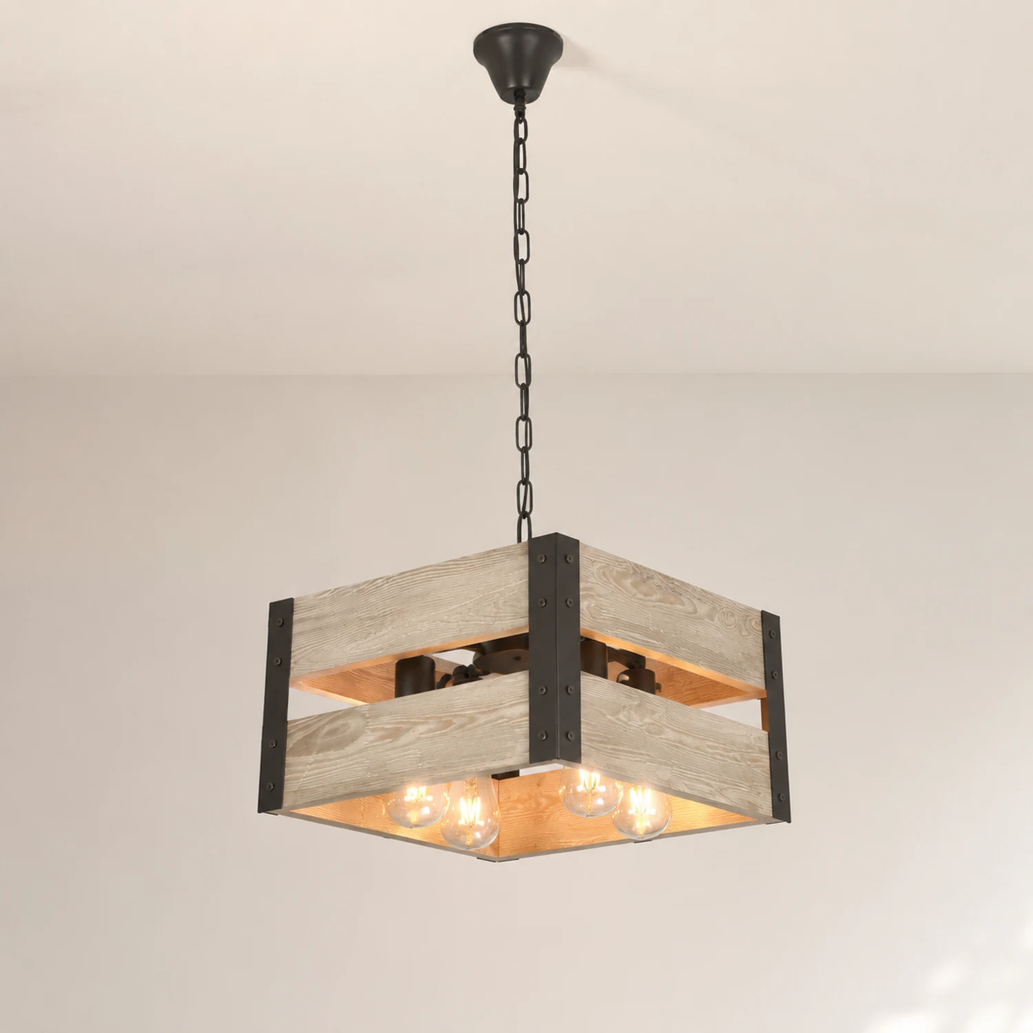 Alessio Quadratische Pendelleuchte, Metall & Holz, 4-flammig, 2 Stile - Lumpaz